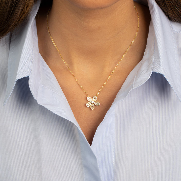  Pave X Baguette Fancy Flower Pendant Necklace - Adina Eden's Jewels