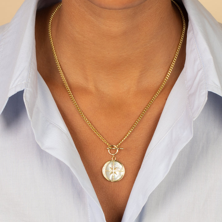  Pave Outlined Mother Of Pearl Compass Coin Necklace - Adina Eden's Jewels