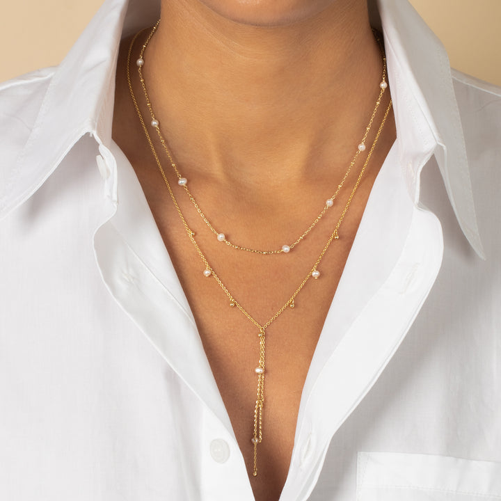  Dangling Solid Ball X Pearl Lariat Necklace - Adina Eden's Jewels