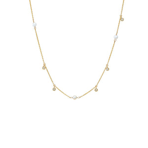 Diamond Dainty X Pearl Dangling Necklace 14K