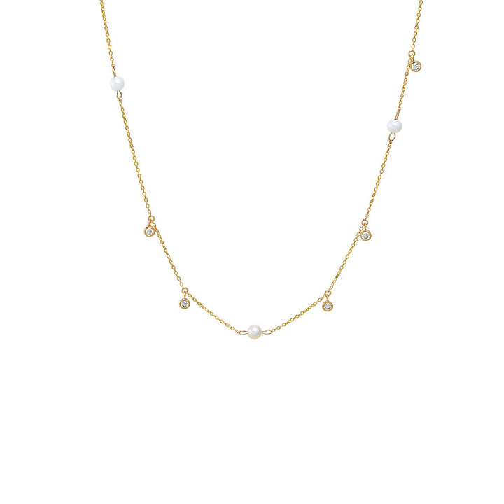 Diamond Dainty X Pearl Dangling Necklace 14K