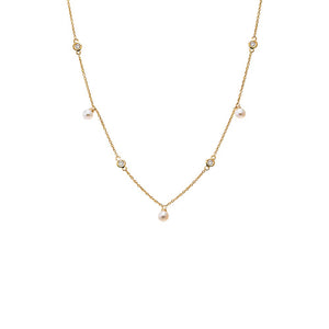 14K Gold Diamond Bezel X Dangling Pearl Necklace 14K - Adina Eden's Jewels