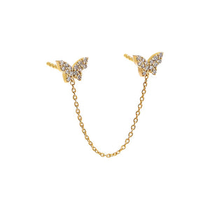 14K Gold / Single Diamond Pave Double Butterfly Chain Stud Earring 14K - Adina Eden's Jewels