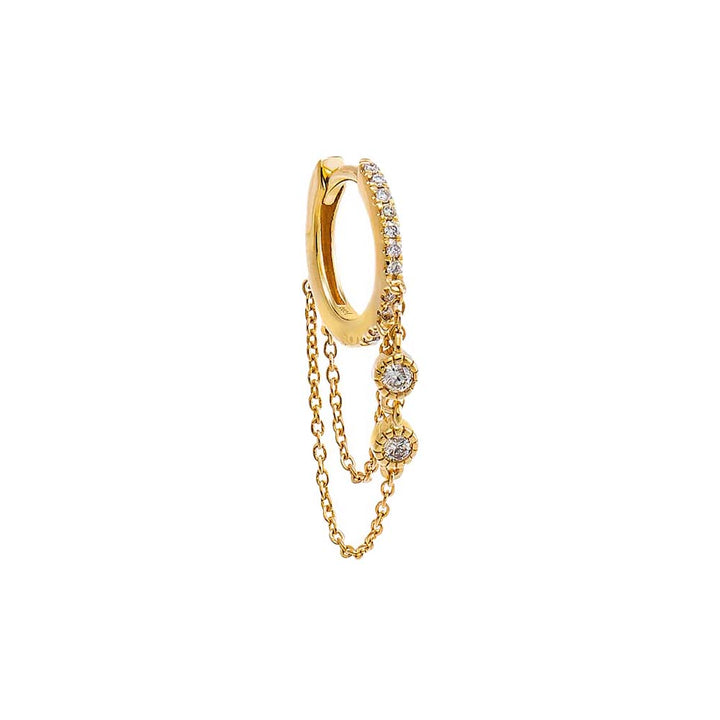 14K Gold / Single Double Diamond Solitaire Dangling Chain Huggie Earring 14K - Adina Eden's Jewels