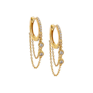 14K Gold / Pair Double Diamond Solitaire Dangling Chain Huggie Earring 14K - Adina Eden's Jewels