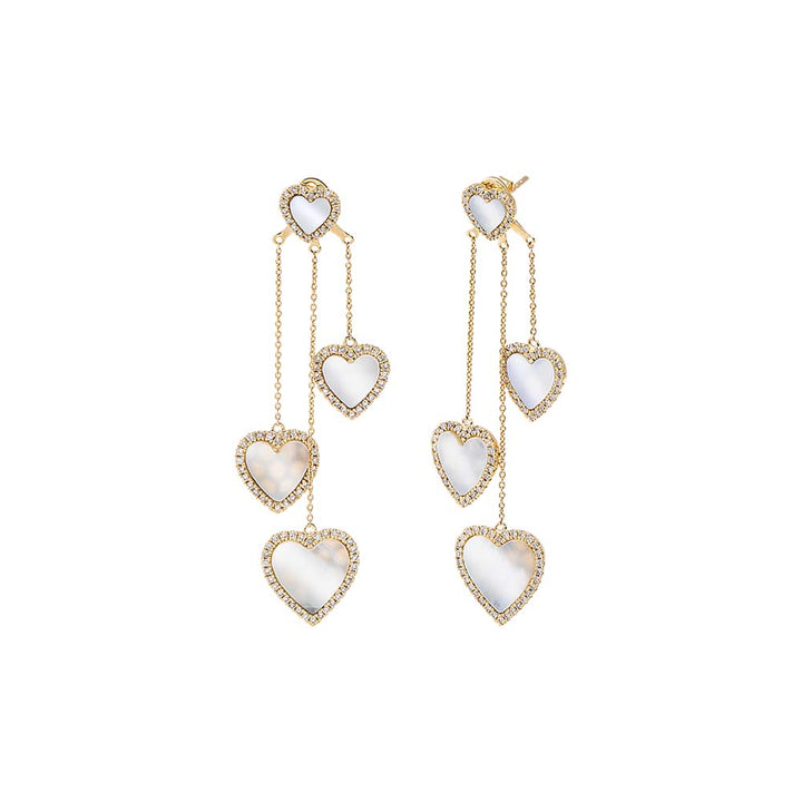 Mother of Pearl Diamond Pave Colored Stone Multi Heart Chain Drop Stud Earring 14K - Adina Eden's Jewels