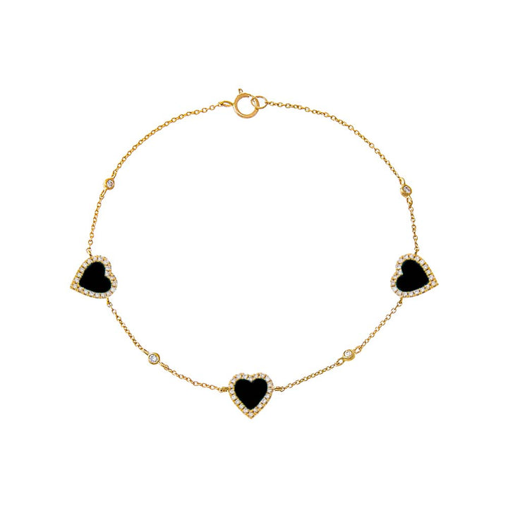 Onyx Triple Diamond Pave Colored Stone Heart Bracelet 14K - Adina Eden's Jewels