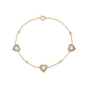 Mother of Pearl Triple Diamond Pave Colored Stone Heart Bracelet 14K - Adina Eden's Jewels