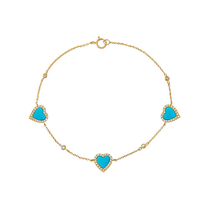 Turquoise Triple Diamond Pave Colored Stone Heart Bracelet 14K - Adina Eden's Jewels