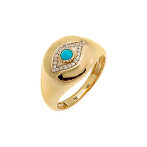 Turquoise / 3 Diamond Evil Eye X Turquoise Signet Pinky Ring 14K - Adina Eden's Jewels