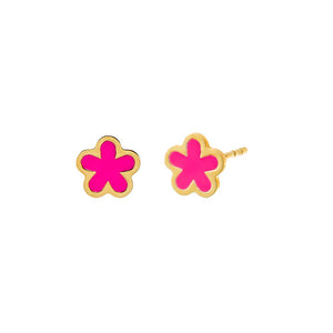 Neon Pink Kids Enamel Colored Bezel Flower Stud Earring 14K - Adina Eden's Jewels