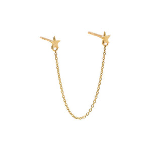 14K Gold / Single Solid Double Star Chain Stud Earring 14K - Adina Eden's Jewels