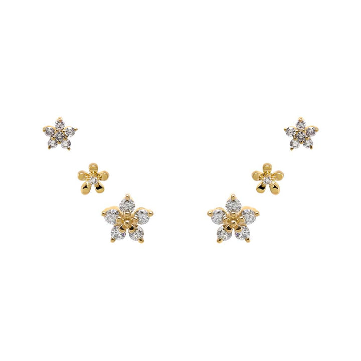 14K Gold Diamond Multi Flower Stud Earring Combo Set 14K - Adina Eden's Jewels
