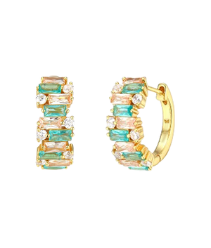 Emerald Green Colored CZ X Baguette Scattered Huggie Earring - Adina Eden's Jewels