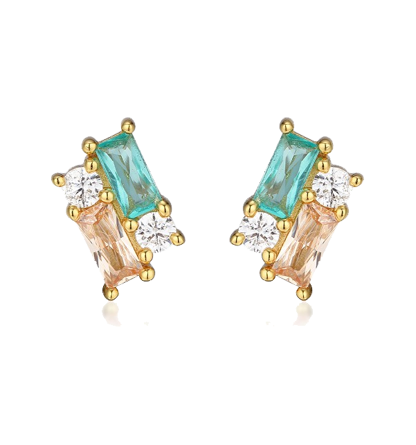 Emerald Green Colored CZ X Baguette Cluster Stud Earring - Adina Eden's Jewels