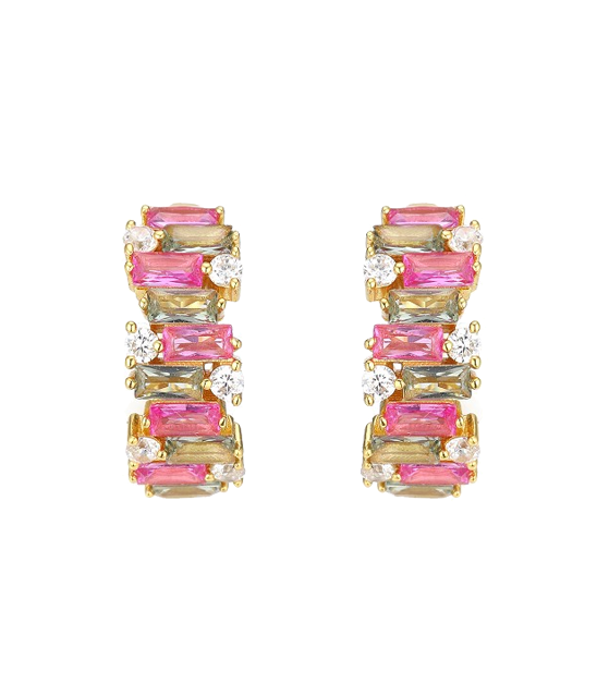 Pink Colored CZ X Baguette Scattered Huggie Earring - Adina Eden's Jewels