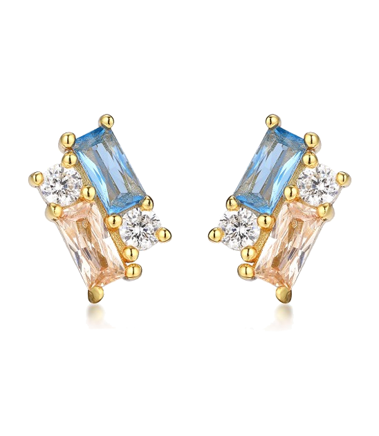 Sapphire Blue Colored CZ X Baguette Cluster Stud Earring - Adina Eden's Jewels