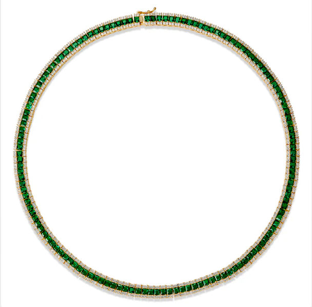 Emerald Green Colored CZ Pave X Baguette Fancy Tennis Necklace - Adina Eden's Jewels