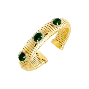 Emerald Green Colored Pave Triple Stone Wide Snake Bangle Bracelet - Adina Eden's Jewels