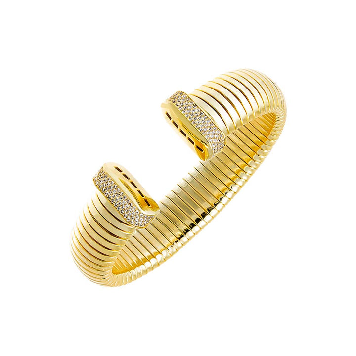 Gold Pave Accented Wide Ridged Bangle Bracelet - Adina Eden's Jewels