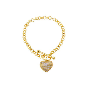 Gold Pave Heart Toggle Link Bracelet - Adina Eden's Jewels