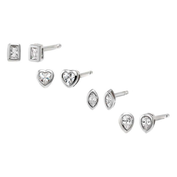 Silver CZ Bezel Multi Shape Stud Earring Combo Set - Adina Eden's Jewels