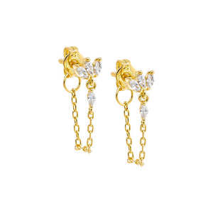 Gold CZ Marquise Trio Cluster Chain Front Back Stud Earring - Adina Eden's Jewels