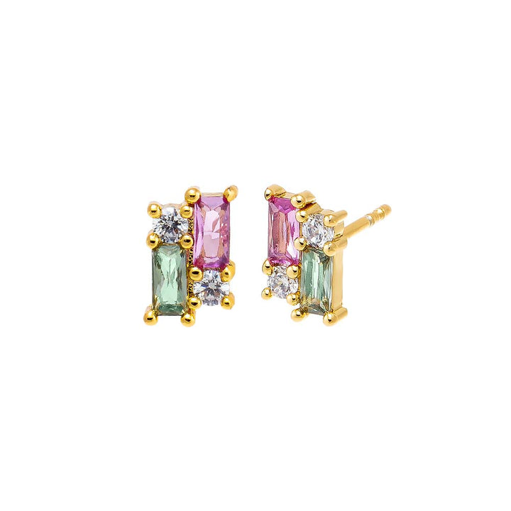 Pink Colored CZ X Baguette Cluster Stud Earring - Adina Eden's Jewels