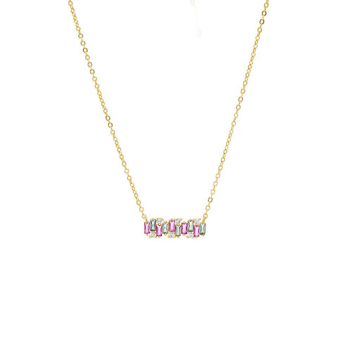 Pink Colored CZ X Baguette Scattered Bar Necklace - Adina Eden's Jewels