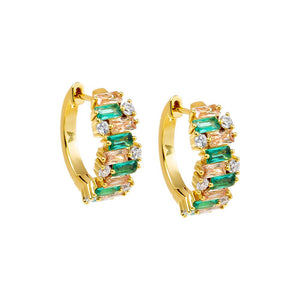 Emerald Green Colored CZ X Baguette Scattered Huggie Earring - Adina Eden's Jewels