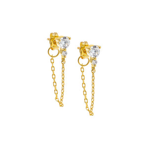 Gold Double CZ Chain Front Back Stud Earring - Adina Eden's Jewels