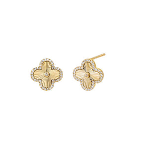 14K Gold Diamond Bezel Ridged  Clover Stud Earring 14K - Adina Eden's Jewels