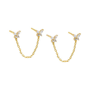 Gold Double Butterfly Chain Stud Earring - Adina Eden's Jewels