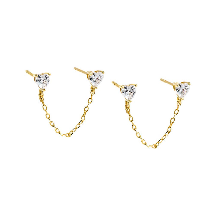 Gold Double CZ Chain Stud Earring - Adina Eden's Jewels