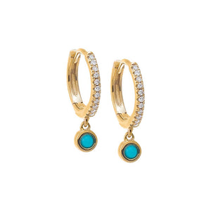 Turquoise Diamond X Turquoise Dangling Huggie Earring 14K - Adina Eden's Jewels