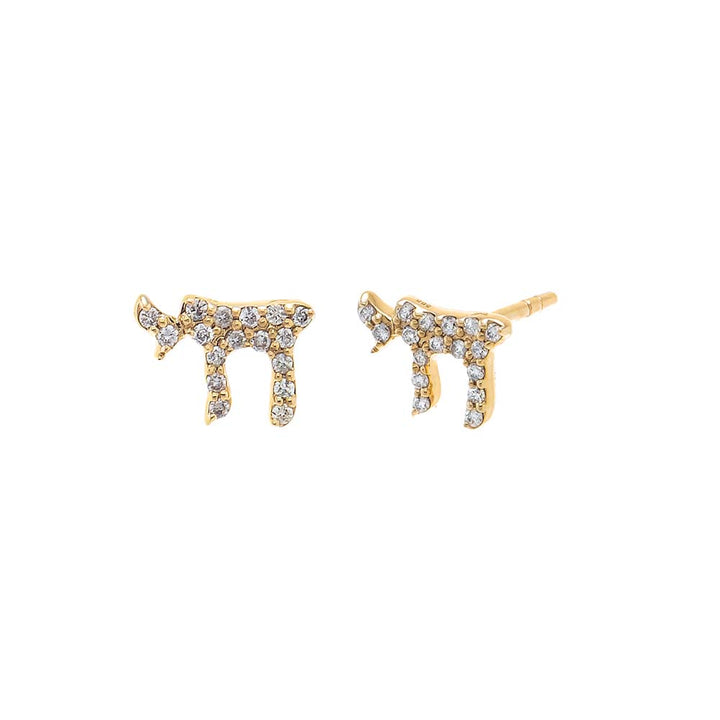 14K Gold / Pair Diamond Pave Chai Stud Earring 14K - Adina Eden's Jewels