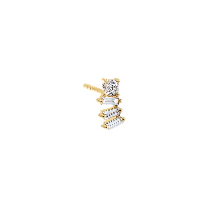 Diamond Round X Baguette Curved Bar Stud Earring 14K