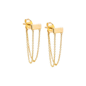 14K Gold / Pair Tiny Solid Bar Double Chain Front Back Stud Earring 14K - Adina Eden's Jewels