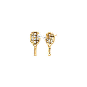 Gold Mini Pearl Accented Tennis Racket Stud Earring - Adina Eden's Jewels