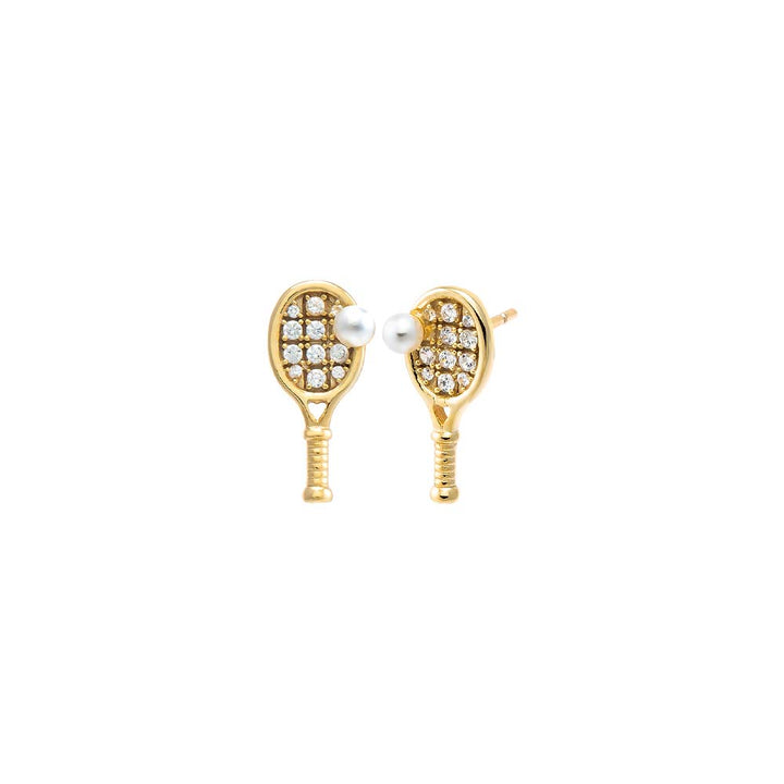 Gold Mini Pearl Accented Tennis Racket Stud Earring - Adina Eden's Jewels