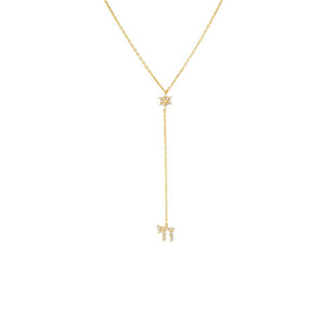 Gold Pave Star Of David X Chai Drop Lariat Necklace - Adina Eden's Jewels