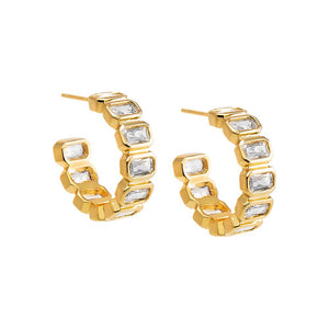 Gold Colored Bezel Baguette Open Hoop Earring - Adina Eden's Jewels