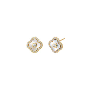 Mother of Pearl Pave Outlined Colored Stone Clover Stud Earring - Adina Eden's Jewels