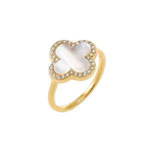 Mother of Pearl / 6 CZ Pave Outlined Four Leaf Clover Stone Ring - Adina Eden's Jewels