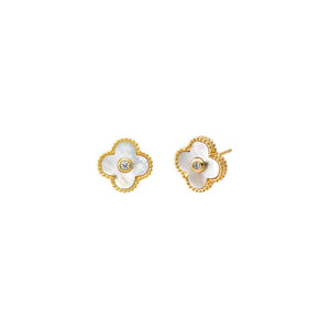 Mother of Pearl CZ Bezel Colored Stone Clover Stud Earring - Adina Eden's Jewels