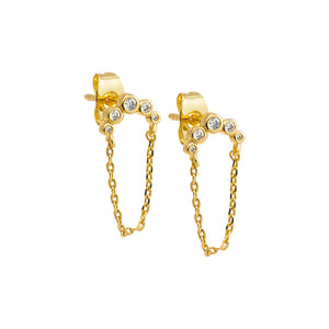 Gold CZ Bezel Curved Bar Chain Stud Earring - Adina Eden's Jewels