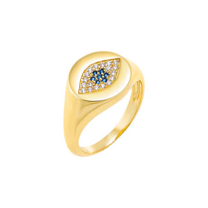 Blue / 3 Colored Pave Evil Eye Signet Pinky Ring - Adina Eden's Jewels