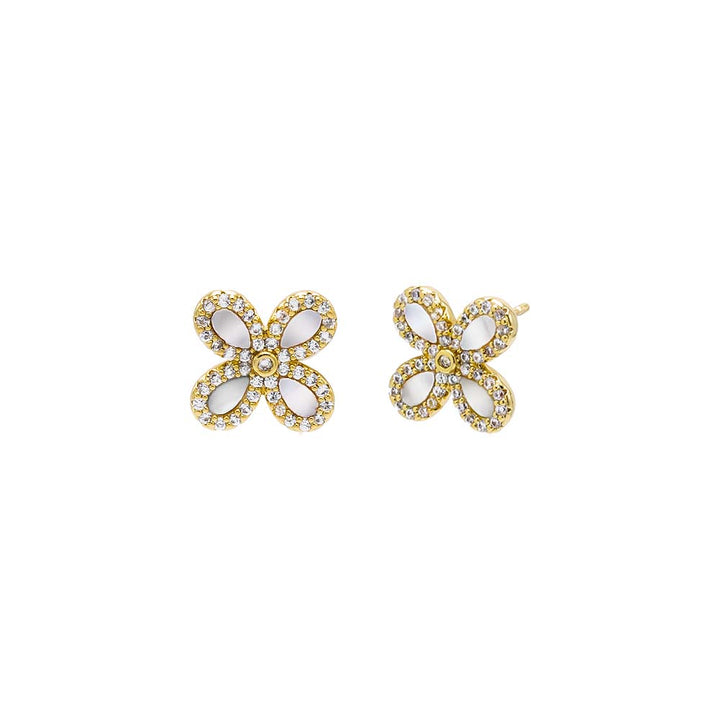 Gold Pave Outline Stone Four Leaf Flower Stud Earring - Adina Eden's Jewels