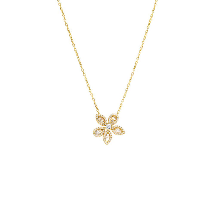 Gold Pave X Baguette Fancy Flower Pendant Necklace - Adina Eden's Jewels