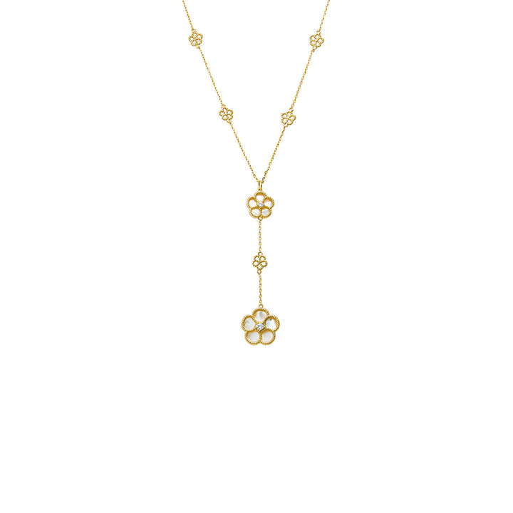 Mother of Pearl Multi CZ Pave Outlined Colored Flower Stone Lariat Necklace - Adina Eden's Jewels